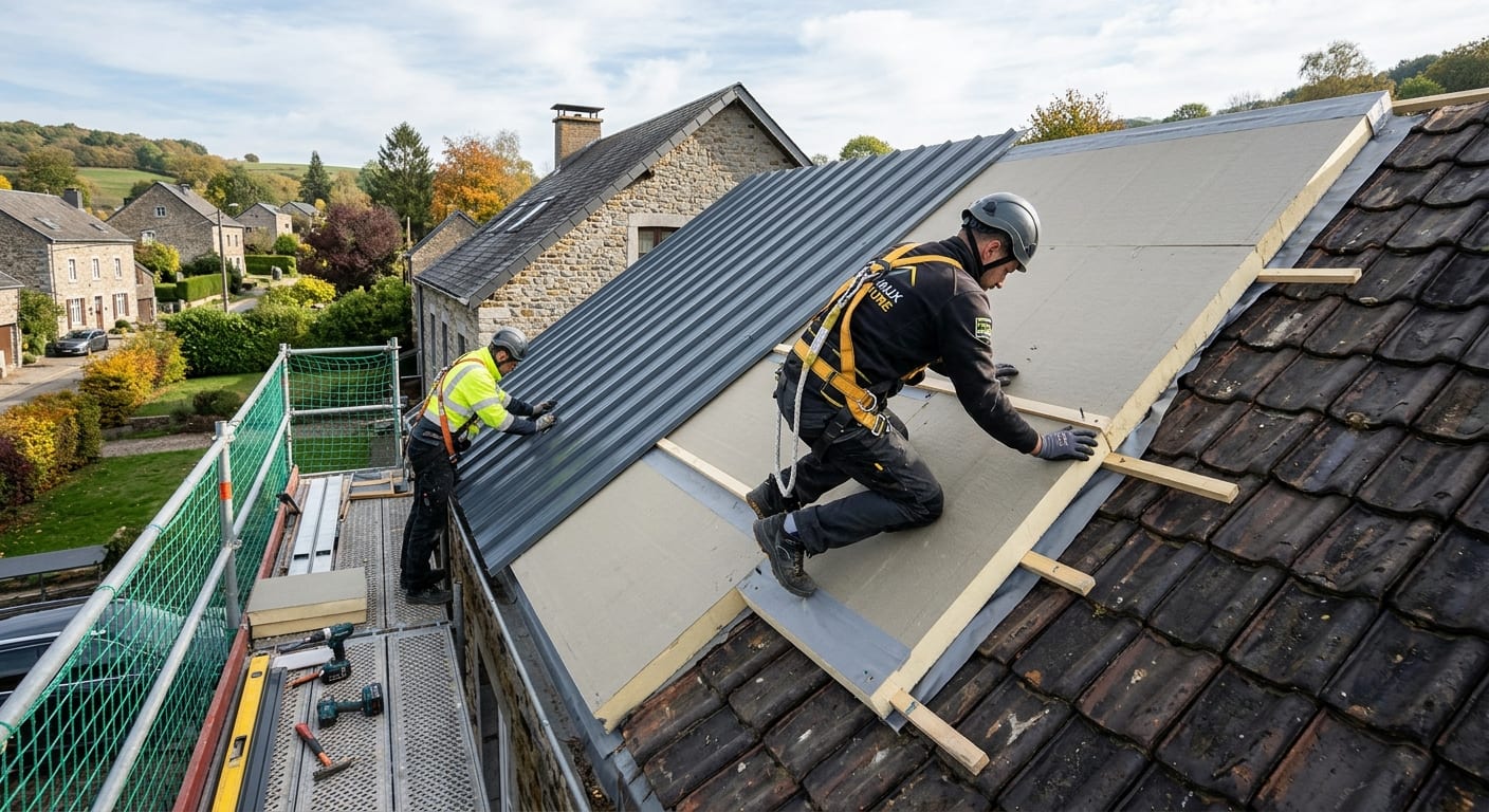 Pose professionnelle d'une surtoiture en sarking sur couverture existante en Wallonie, chantier propre et rapide